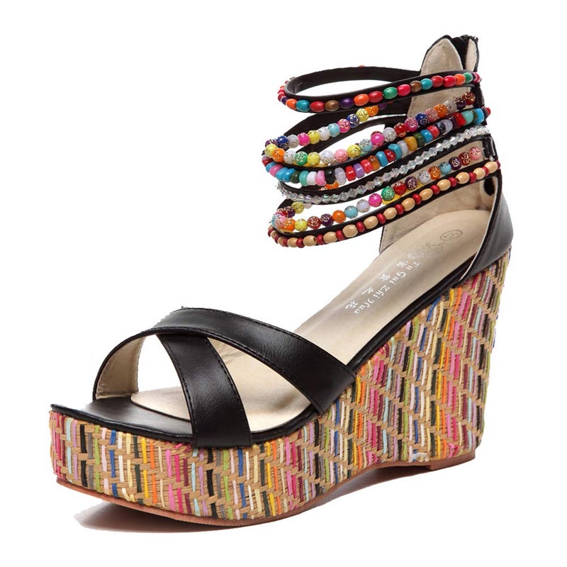 getmorebeauty Women's Weave Wedge With Pearls Across The Top Platform High Heels (7.5US, Black) - Image 1